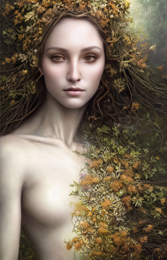 Woman portrait with serene expression and yellow flower wreath in mystical forest scene