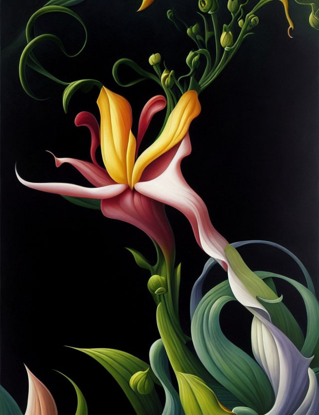 Colorful Stylized Yellow and Pink Lily Painting on Dark Background