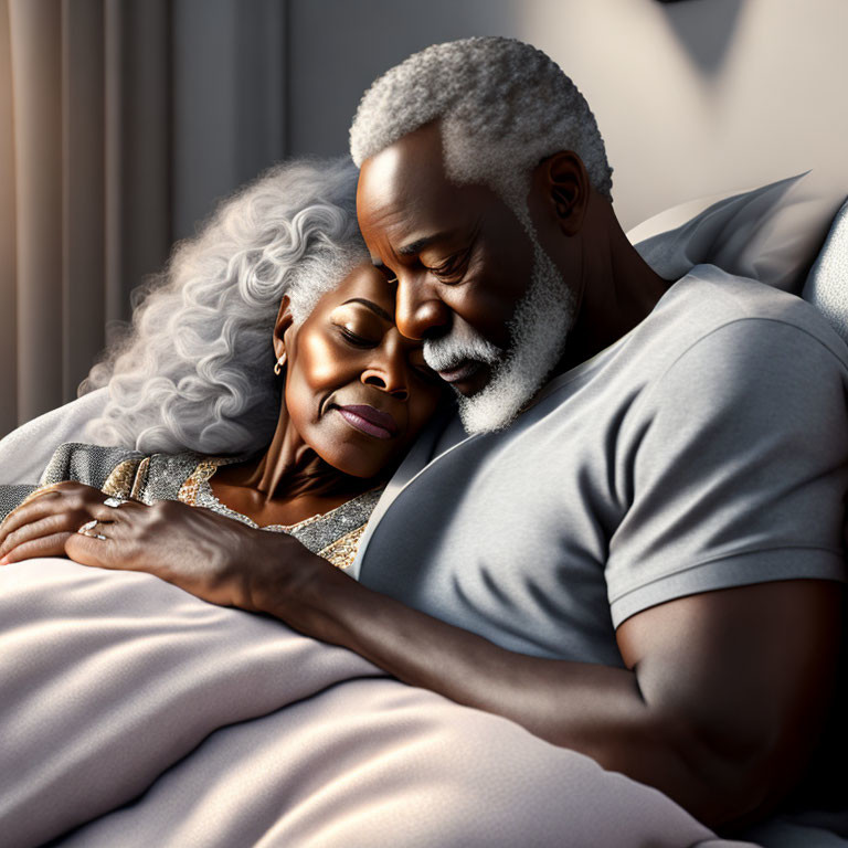 Elderly couple embracing on pillow with gray hair