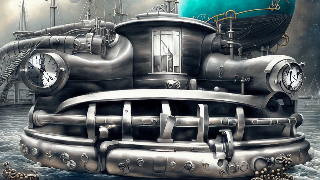 Surreal steampunk image: submarine with clock elements and ship on cloudy backdrop