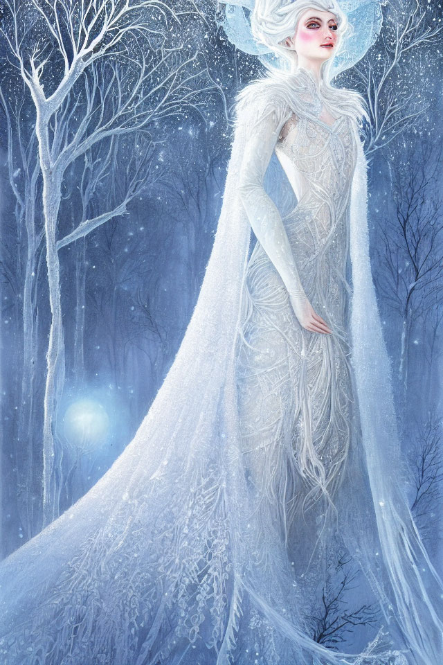 Ethereal woman in intricate ice-blue gown in snowy forest