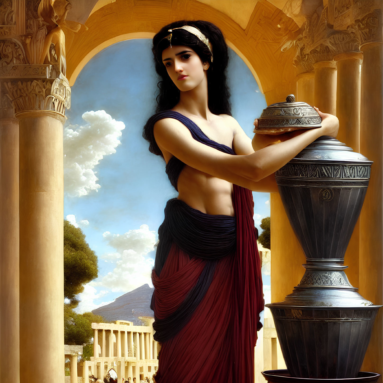 Classical woman with vessel near stone column and ancient temple backdrop