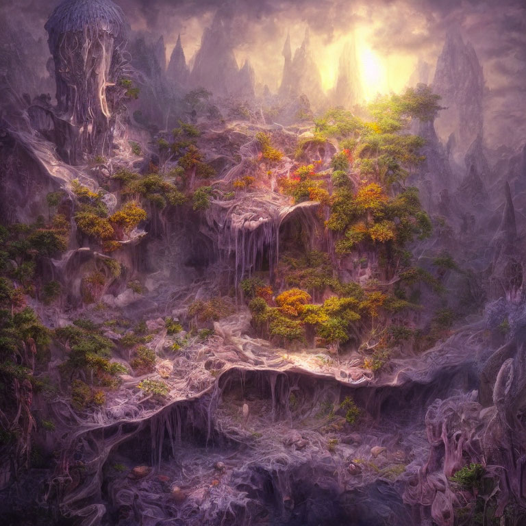 Enchanting forest scene with vibrant foliage, waterfalls, twisted roots, and glowing sunbeam