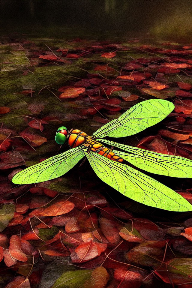 Colorful dragonfly on red and brown leaves in forest scene