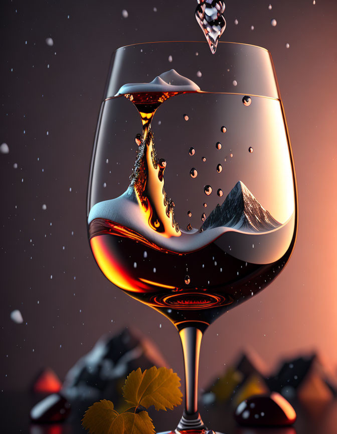 Glass of Cognac with Mountain Scene Splash and Backlighting