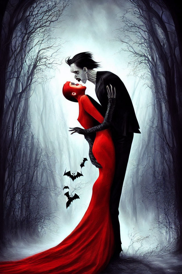 Gothic-style illustration of tall vampire embracing woman in red dress in gloomy forest