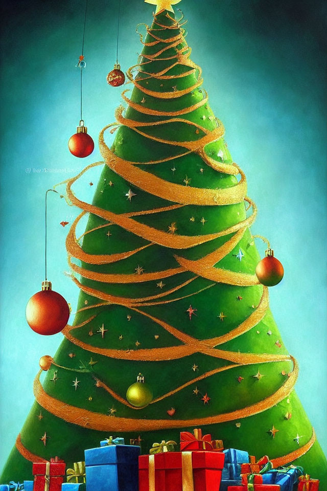 Whimsical Christmas tree with red ornaments and golden ribbon on teal backdrop