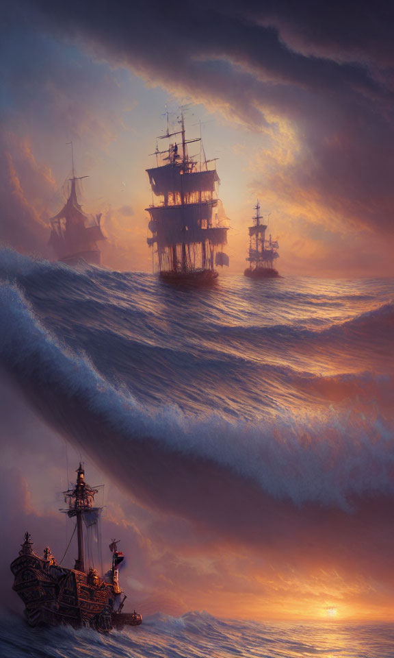 Tall ships sailing through towering waves at sunset