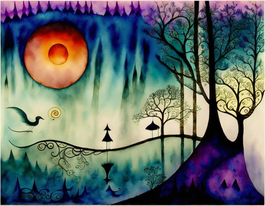 Whimsical watercolor painting of stylized trees, sun, bird, and colorful twilight.