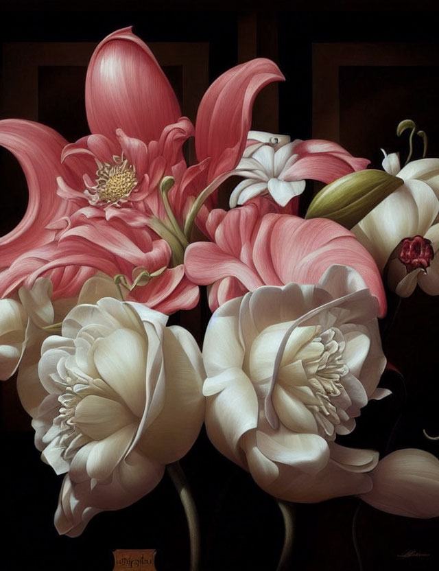 Realistic painting of large pink and white flowers on dark background