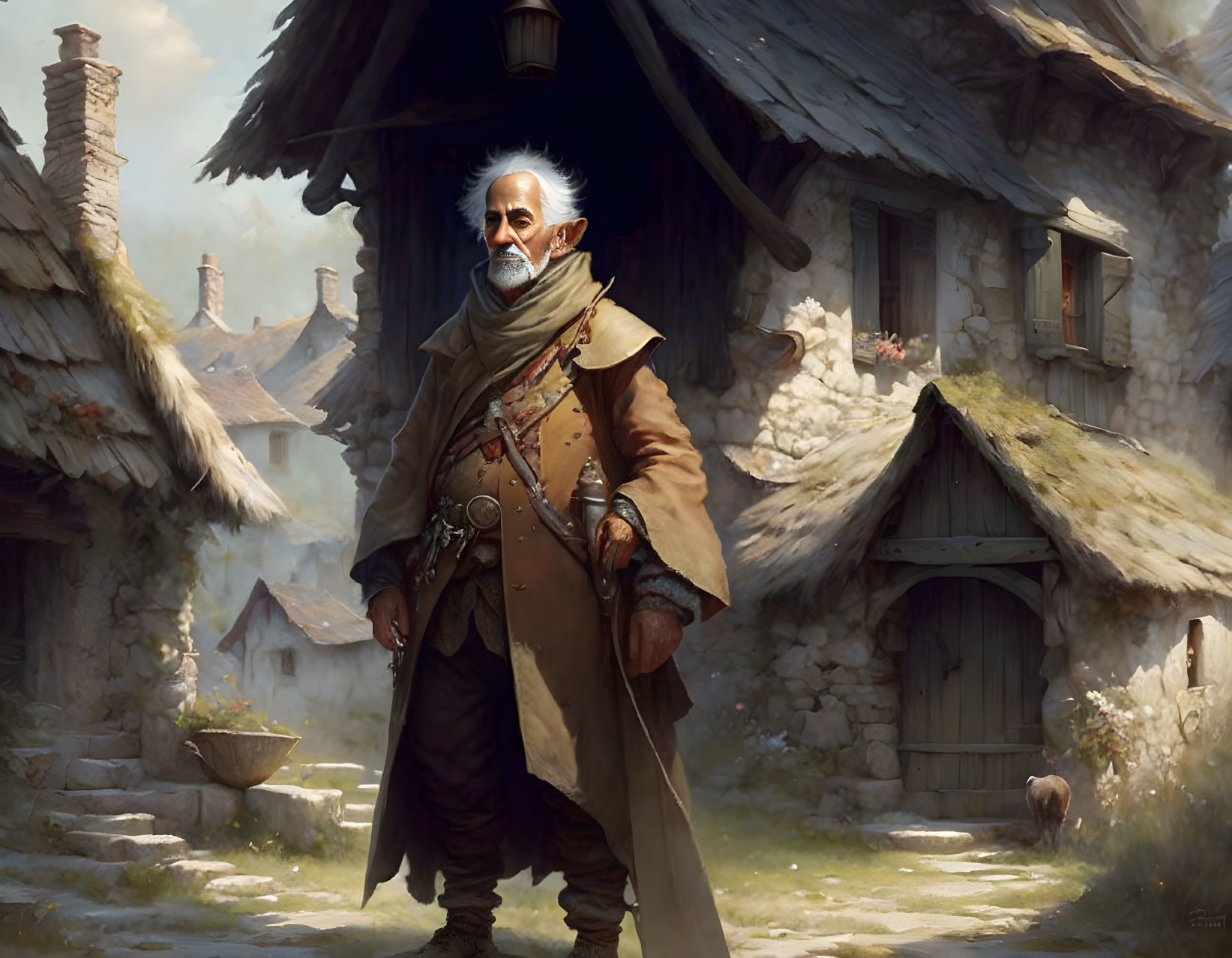 Elderly man in coat and scarf in rustic village with sheep