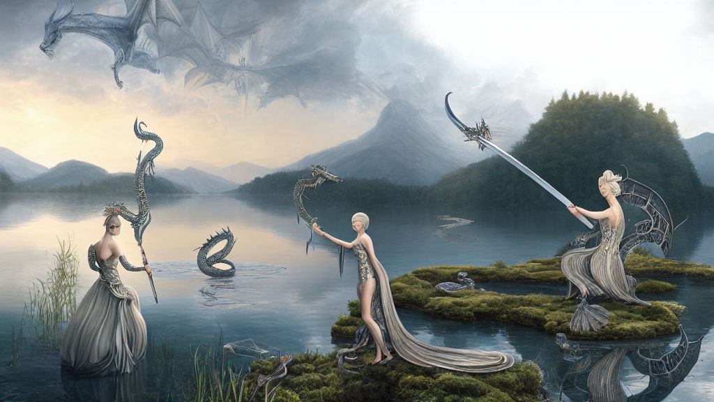 Fantasy art: Two elf-like figures with ornate weapons by a lake, dragon in misty