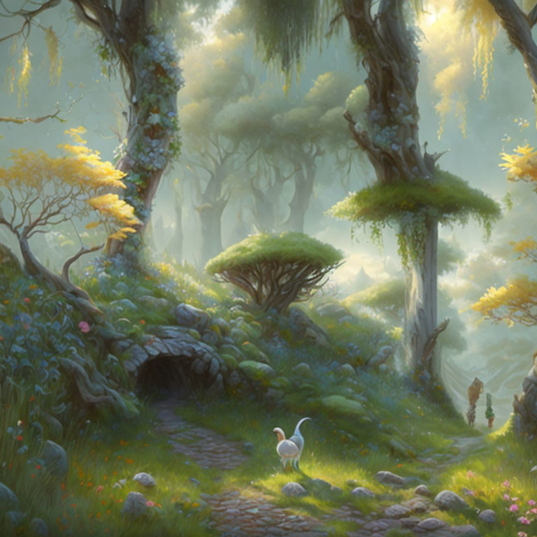 Enchanting forest scene with sunbeams, stone path, vibrant flora, and swan