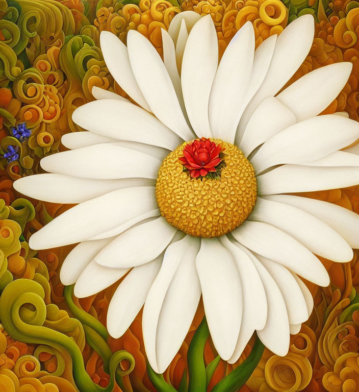 Detailed white daisy with red center on colorful swirl-patterned background