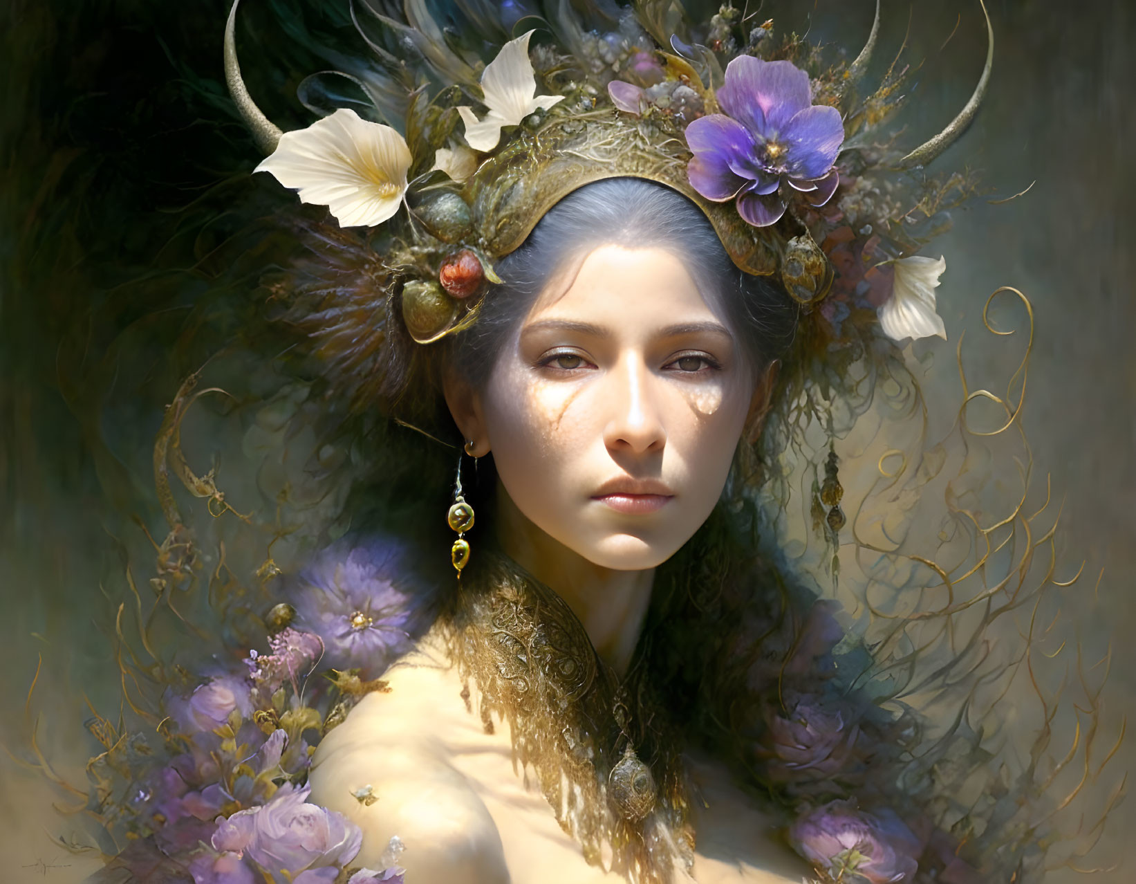 Ethereal woman with elaborate floral headdress and golden accessories