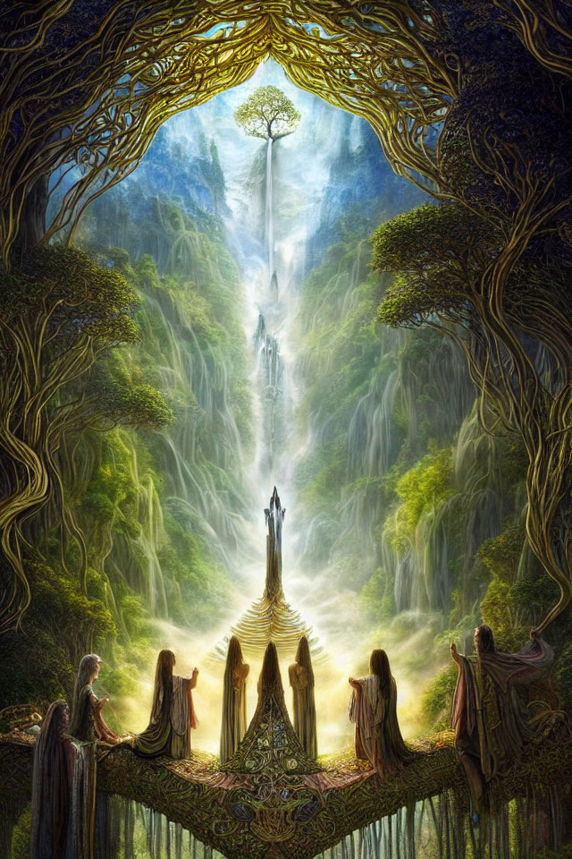 Enchanted forest with glowing tree, waterfall, and robed figures