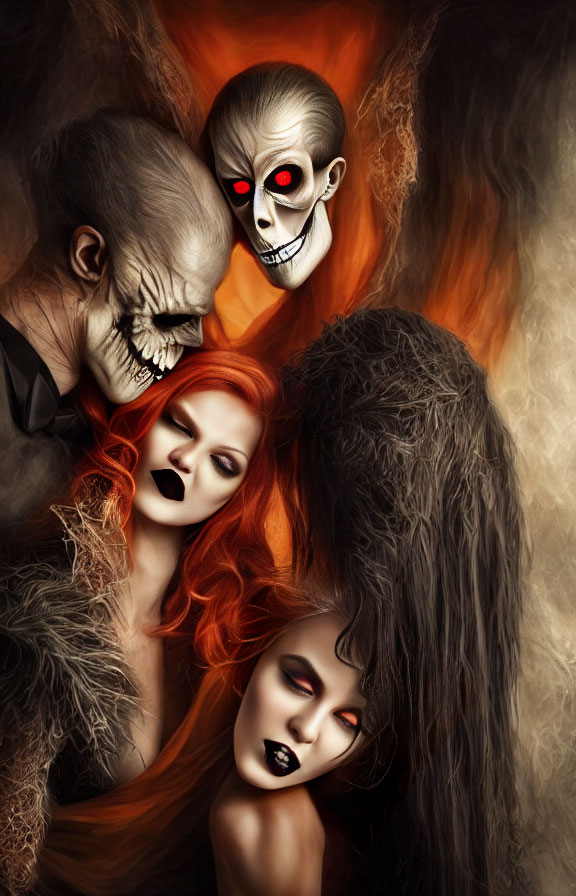 Stylized digital artwork of four skull-faced figures with red eyes and dramatic makeup