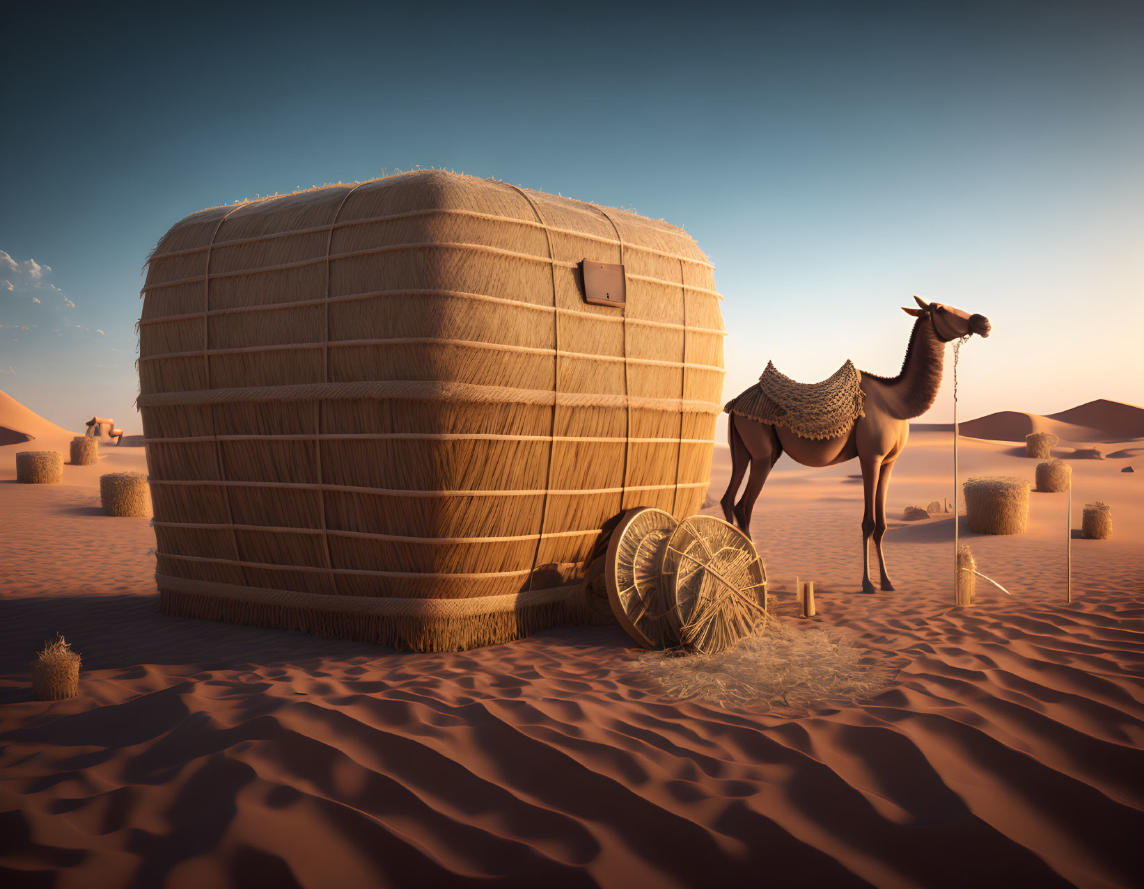 Desert scene with camel, straw hut, sand dunes, and vegetation