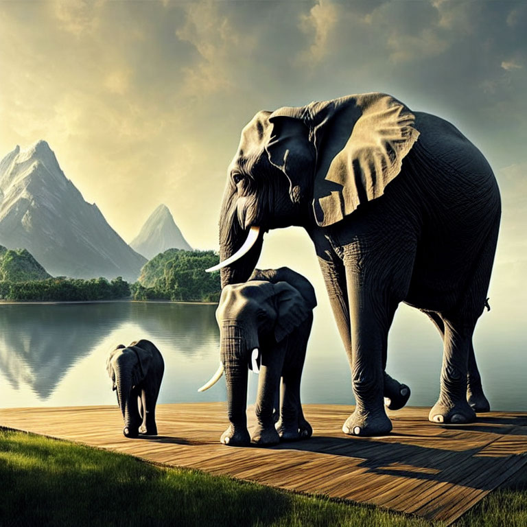 Elephant family on wooden pier by lake with mountains