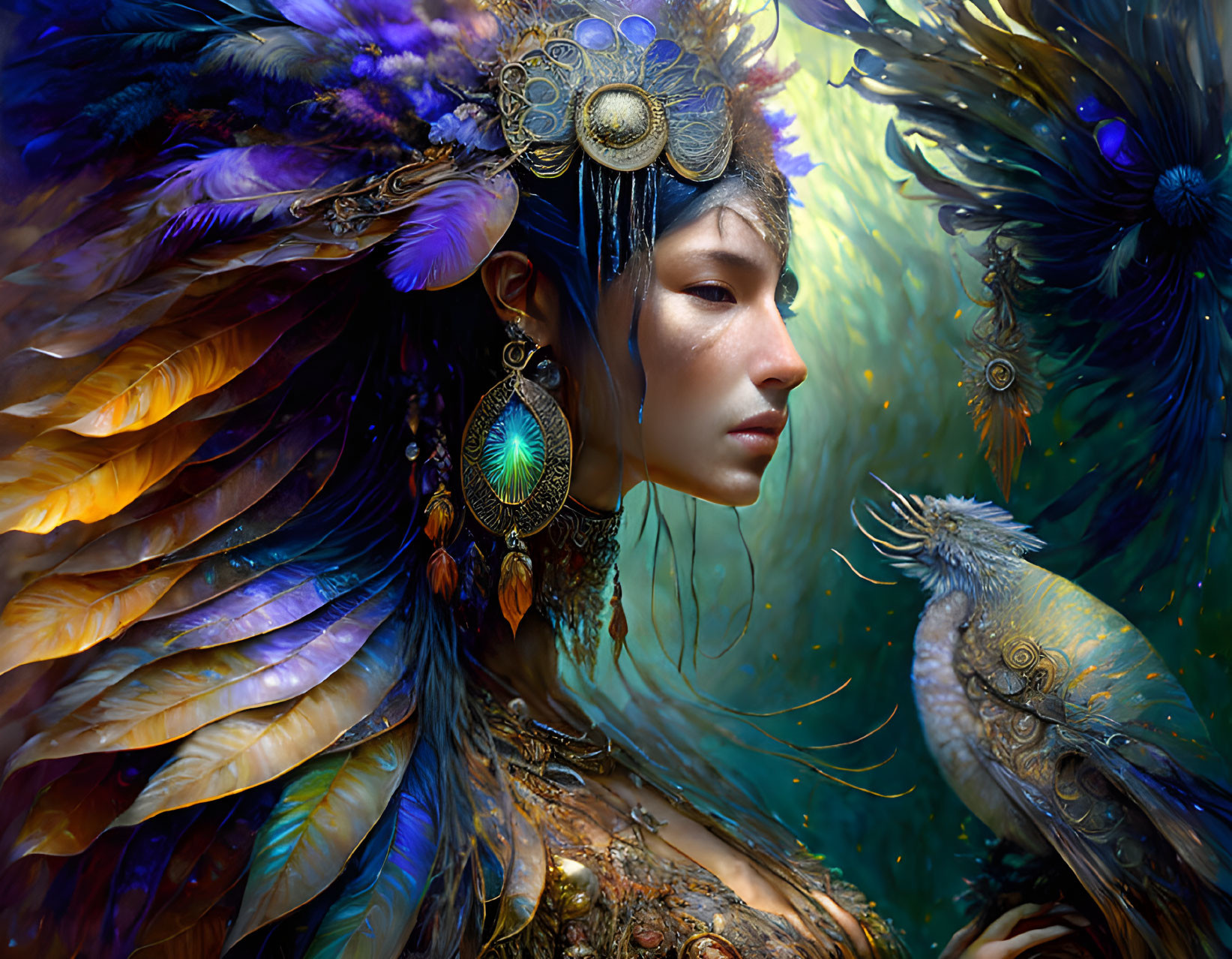 Person adorned with intricate feathers and jewelry in fantasy setting with vibrant peacock feathers.