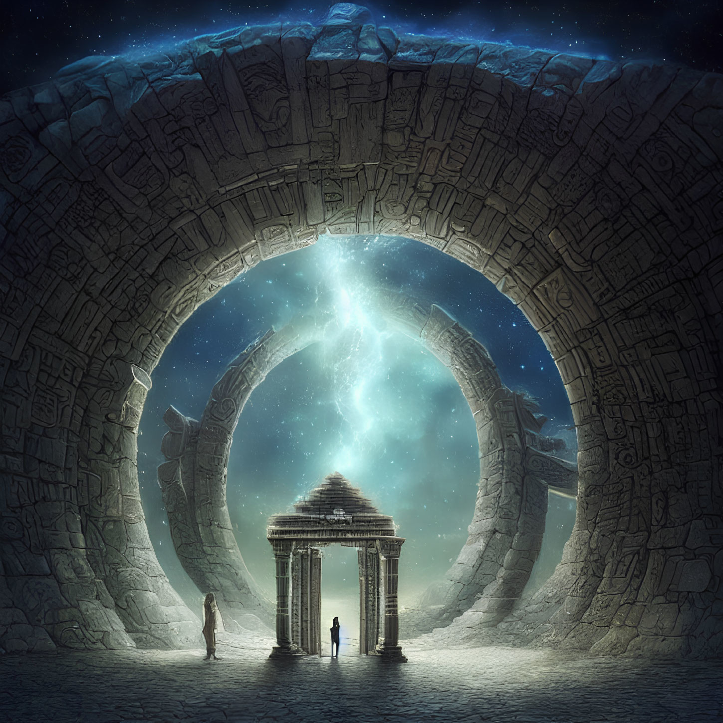 Intricate Carved Archway Frames Starry Nebula Sky and Temple with Silhouetted