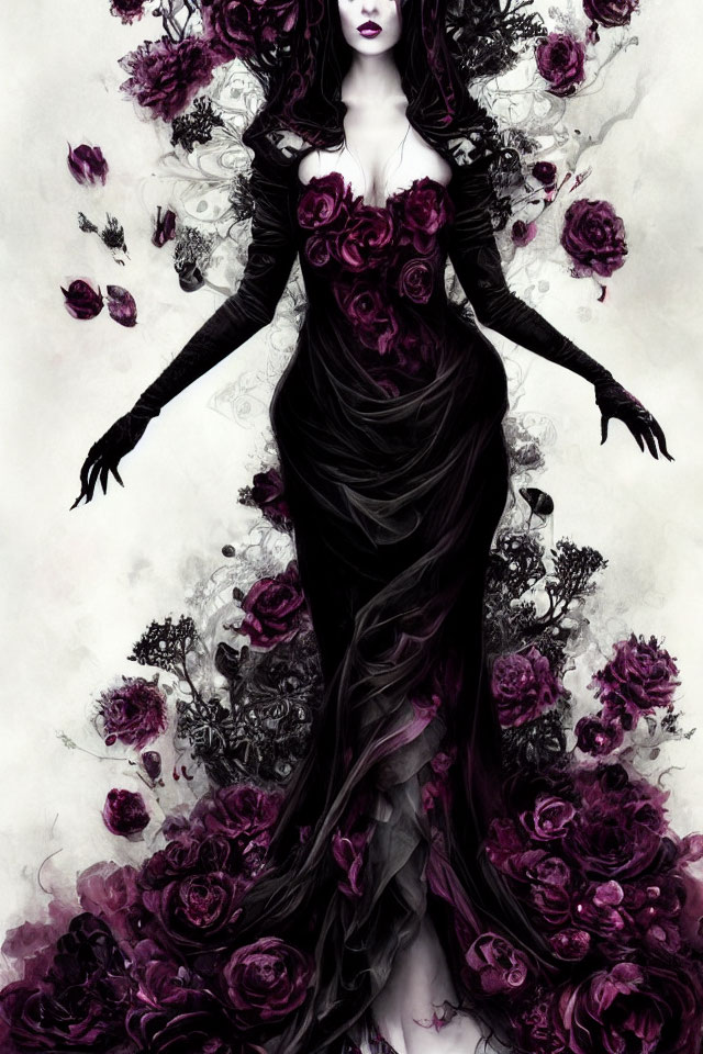 Gothic figure in black dress with dark roses and swirling petals