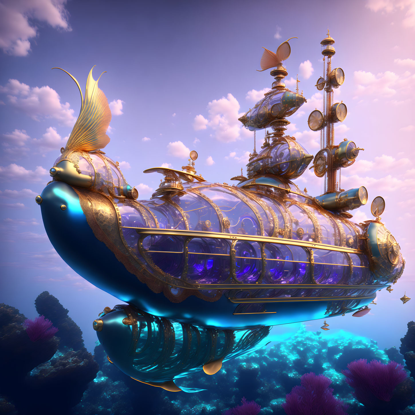 Fantastical fish-like submarine above coral reef with steampunk design