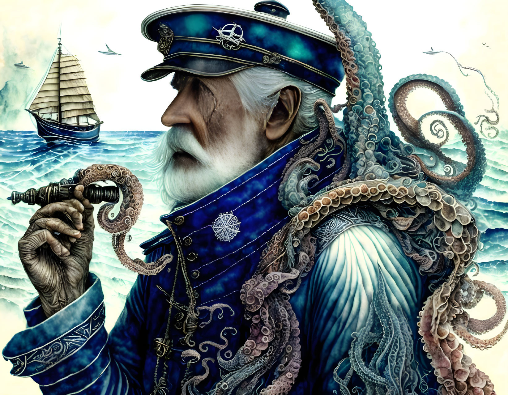 Illustration of sea captain in octopus-themed uniform with pipe, ship, and sea in background