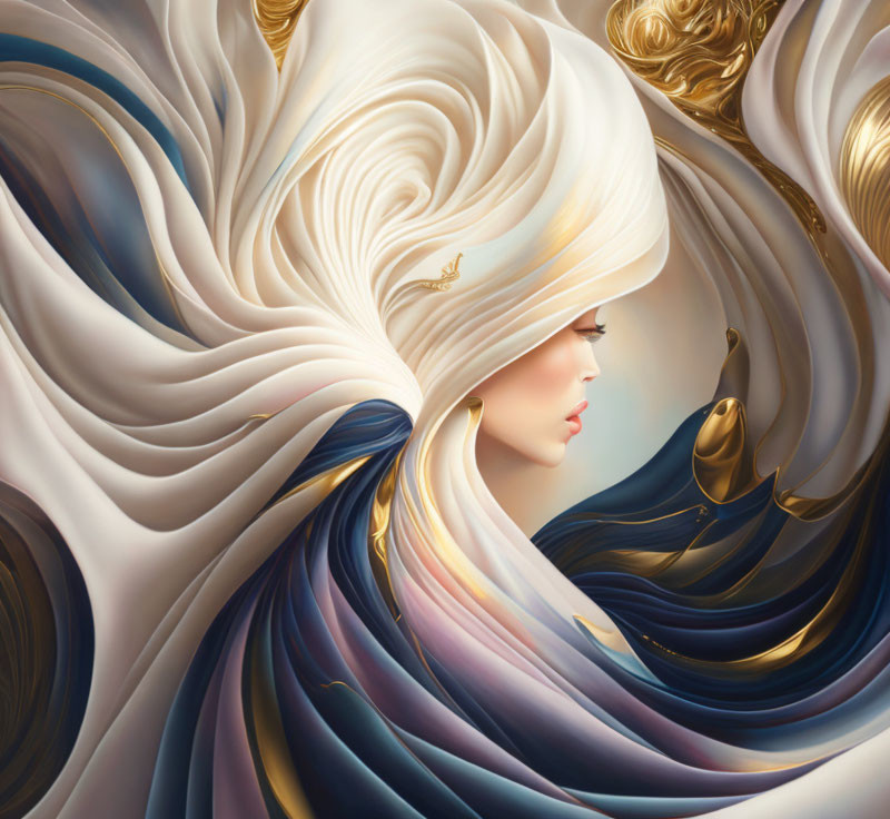 Surreal illustration of woman in cream, blue, and gold palette