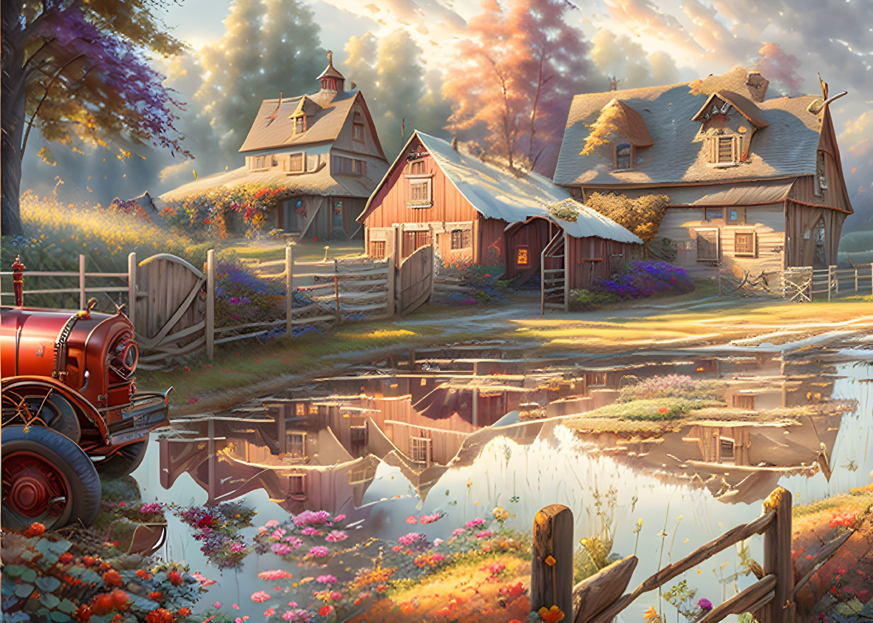 Rustic countryside scene with houses, flowers, tractor, and pond