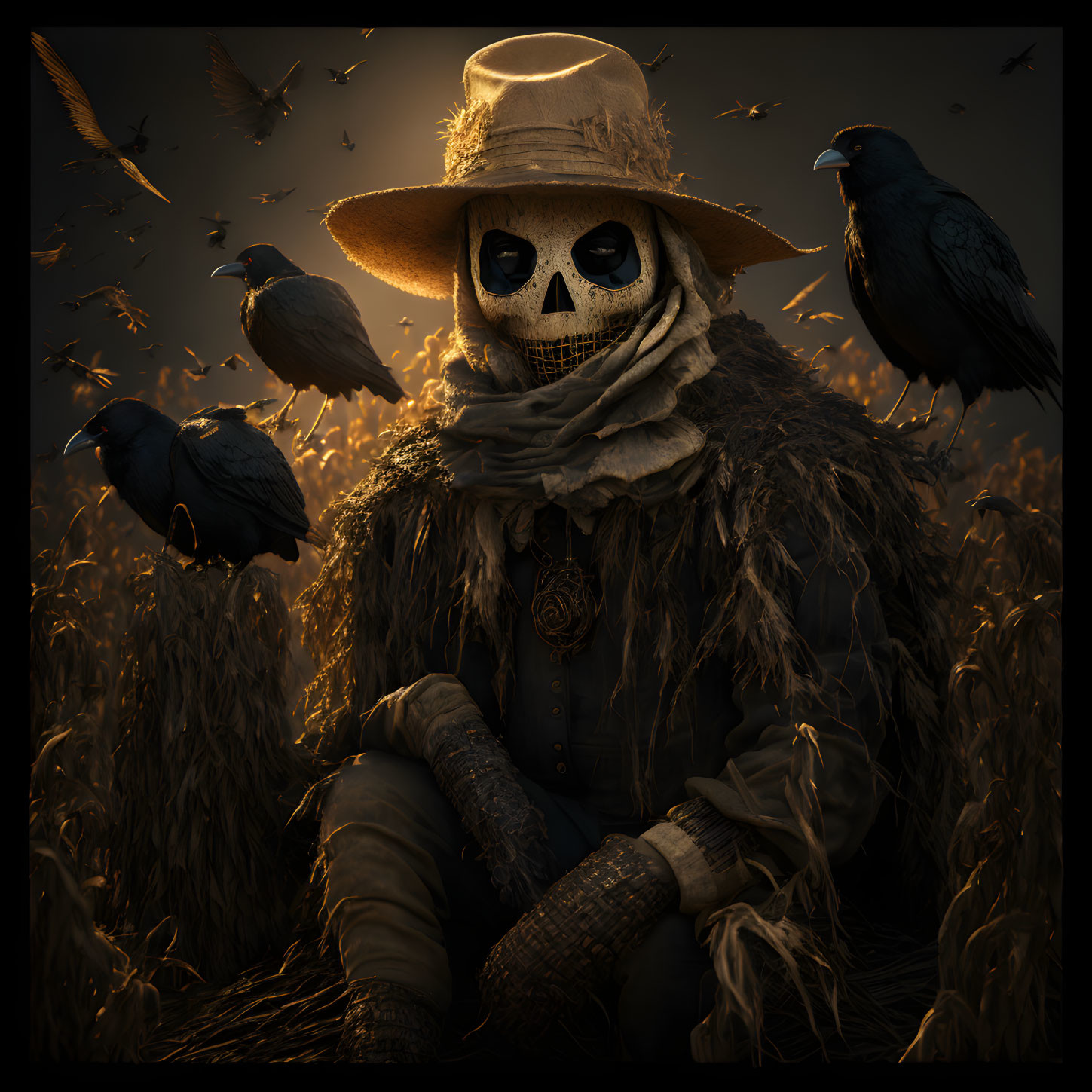 Skull-faced scarecrow with crows in twilight field