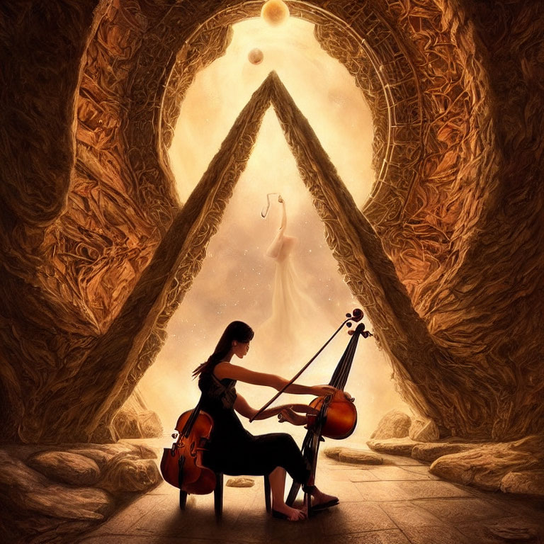 Woman playing cello in mystical cave with floating figure under ethereal sky