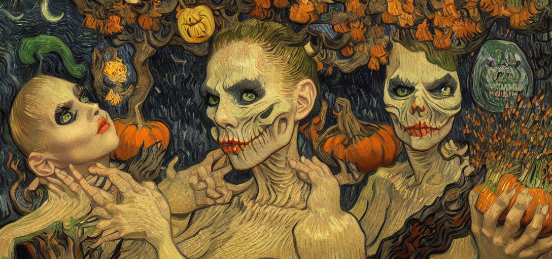 Eerie figures with skull-like makeup and orange hair holding pumpkins