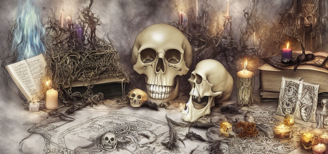 Dark Still Life: Skulls, Candles, Books & Mystical Symbols