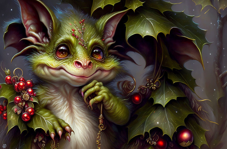 Fantasy creature illustration with bat-like features and holly leaves.