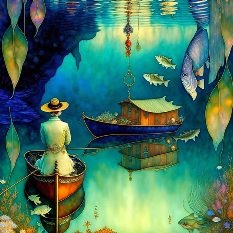 Person in hat on boat observes underwater world with colorful fish and floating inverted boat