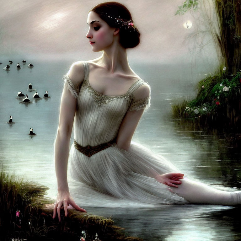 Elegant ballerina by misty lake at twilight