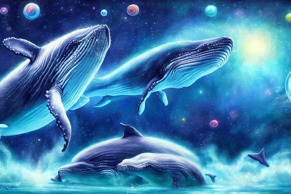 Whimsical illustration of humpback whales in celestial ocean