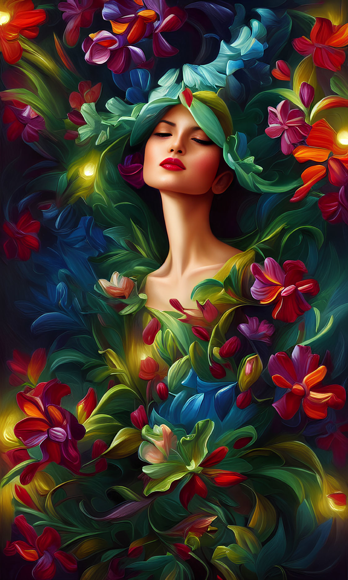 Woman surrounded by vibrant multicolored flowers and blooms in hair.