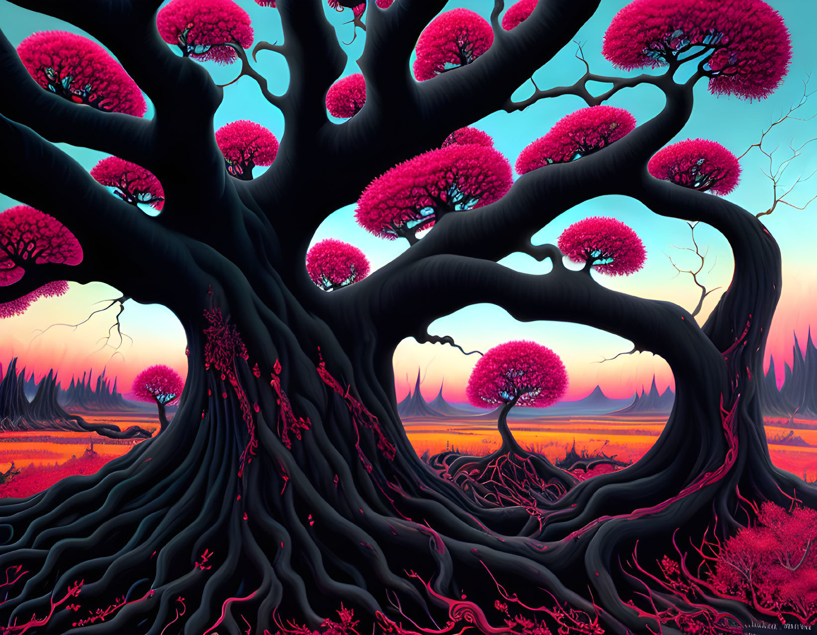 Surreal landscape with large pink tree and intertwining roots in twilight sky