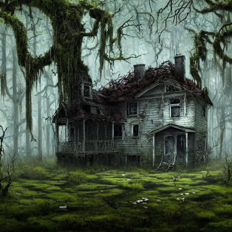 Abandoned two-story house in foggy forest with overgrown vegetation