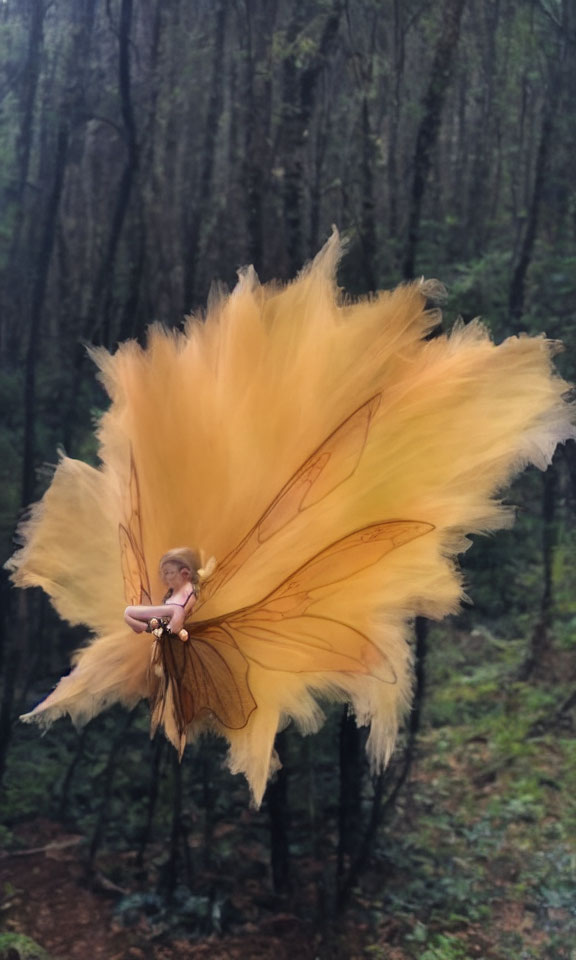 Misty forest scene with winged figure in yellow and brown