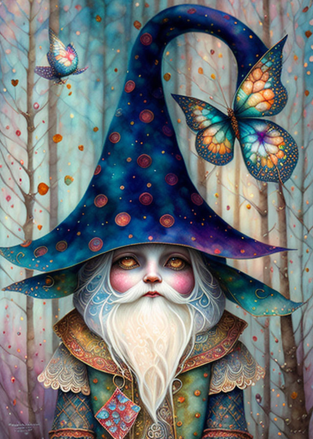 Colorful Bearded Character in Blue Wizard Hat Painting