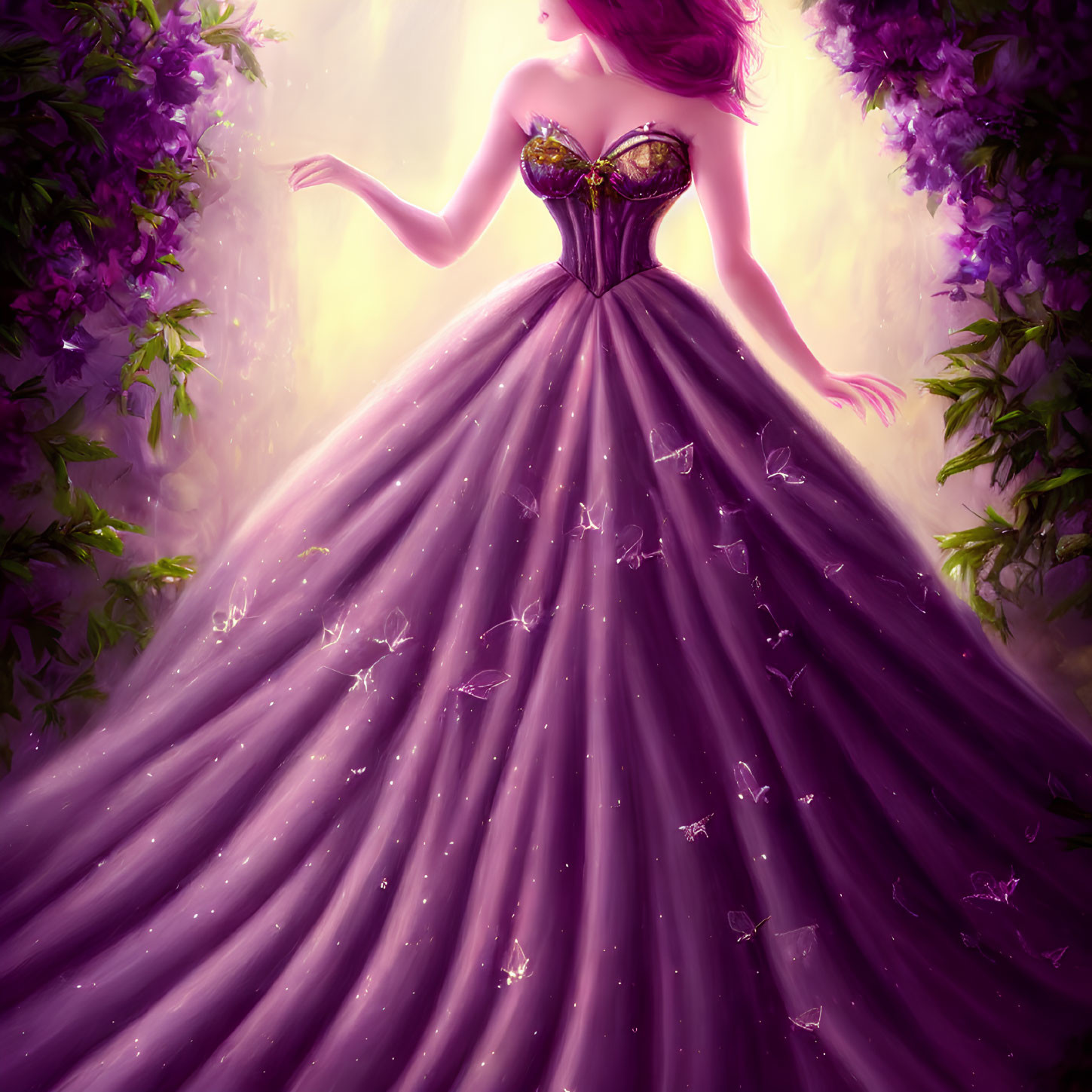 Woman in Glittering Purple Ballgown Surrounded by Magical Flowers