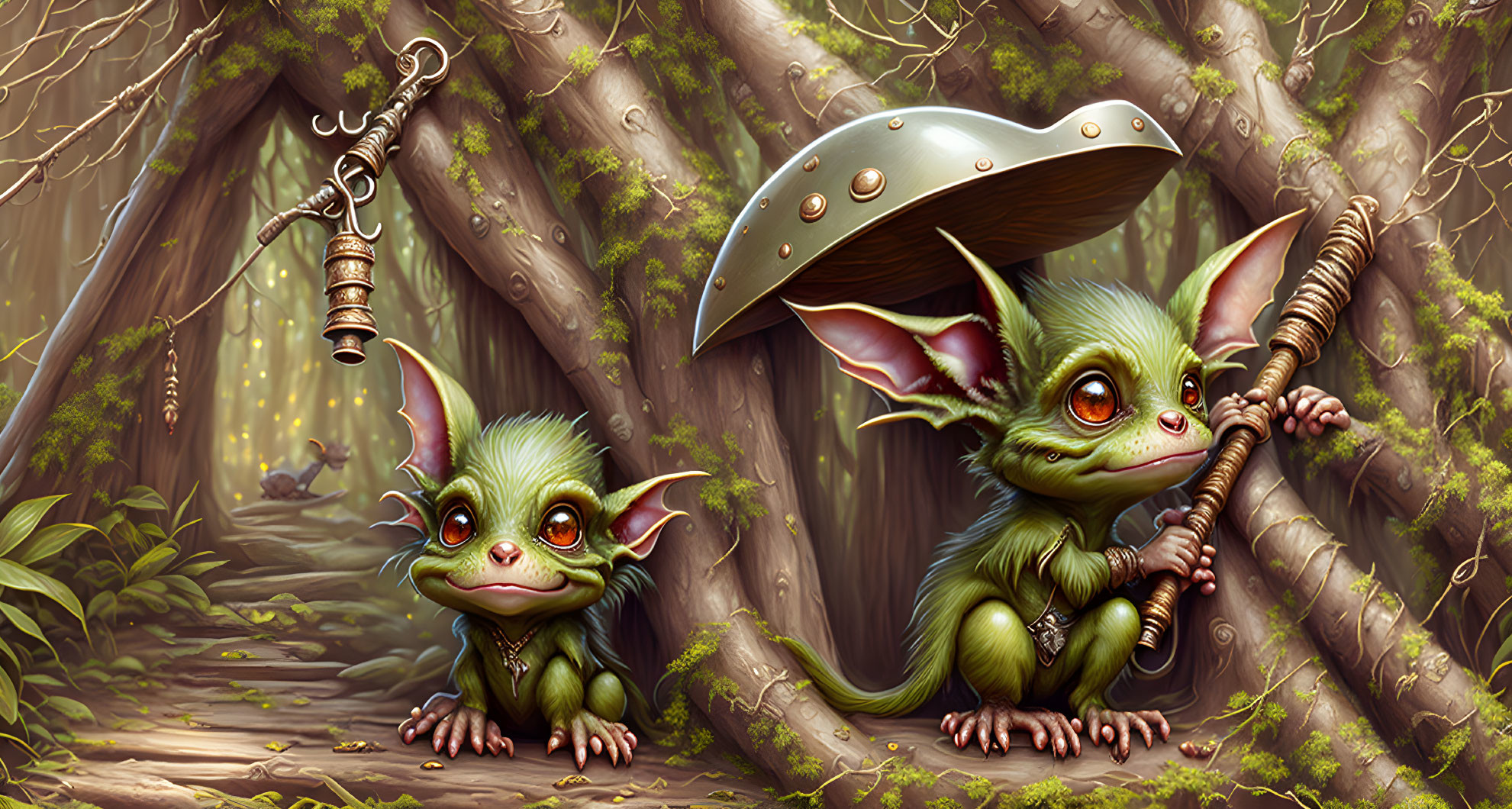 Whimsical green creatures with large eyes and ears in a fantasy forest