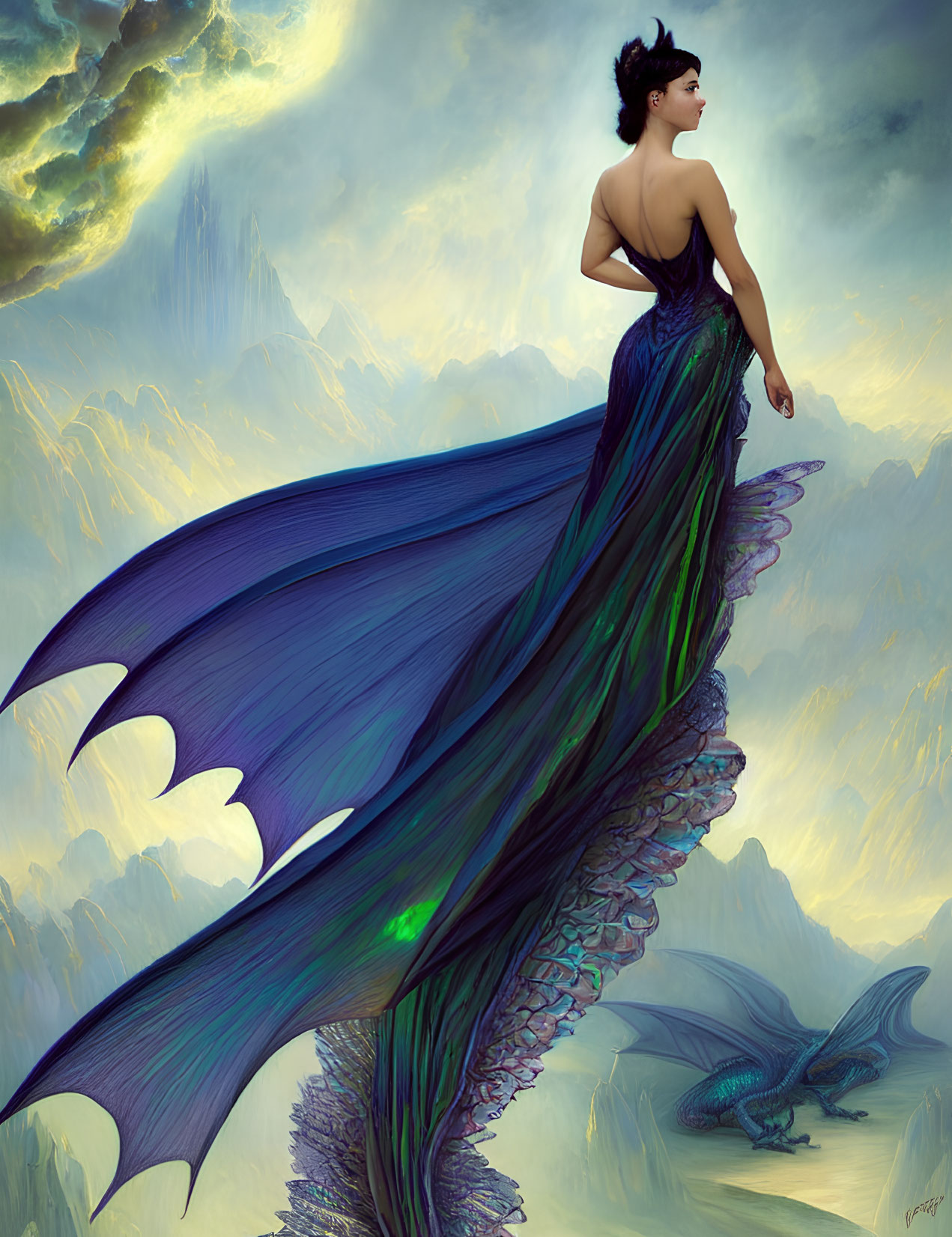 Woman in peacock-like winged dress on cliff with dragon in fantastical landscape