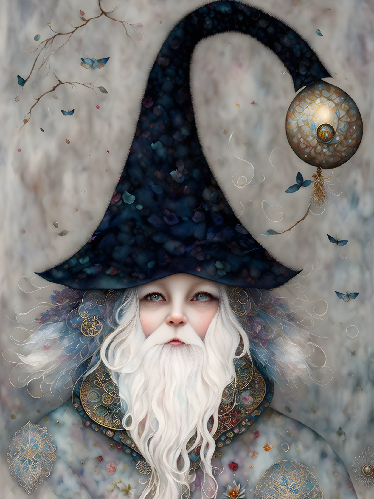 Whimsical wizard with long white beard and blue hat among butterflies