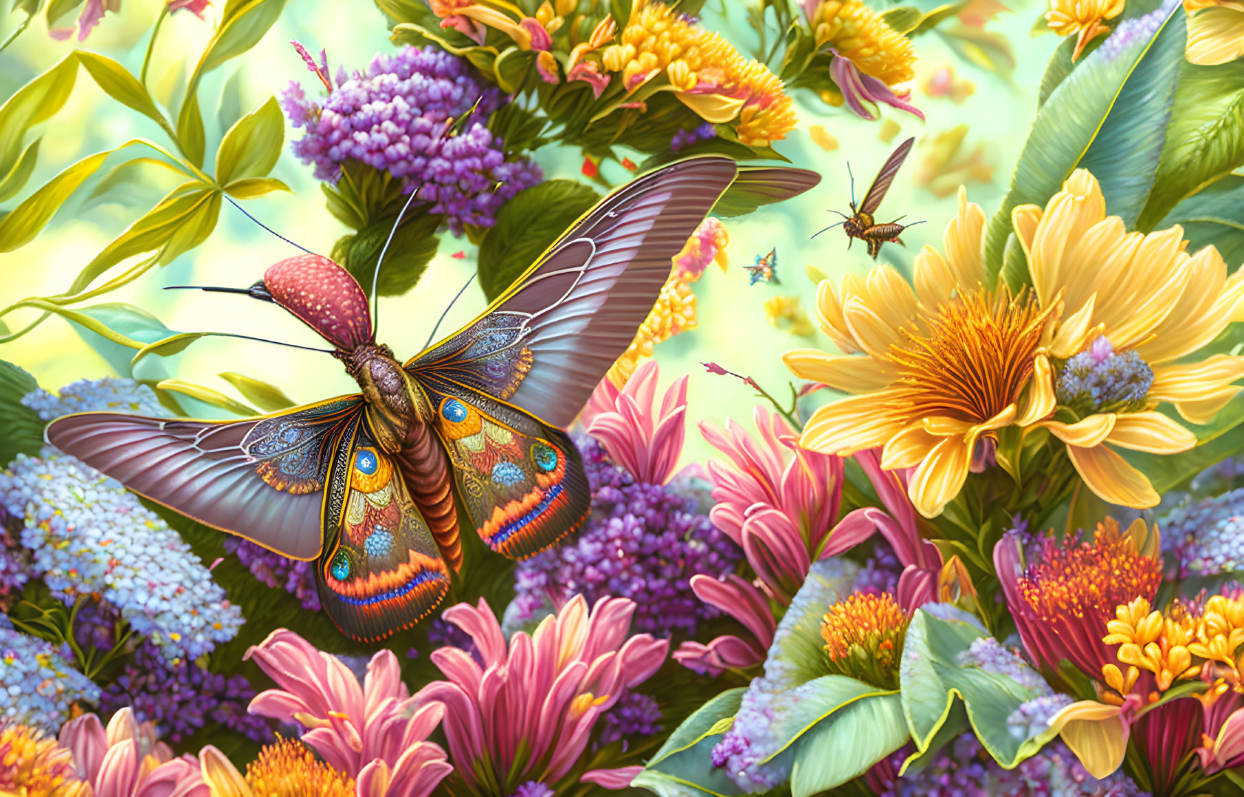 Colorful butterfly illustration with intricate wings and flowers, small insect in flight.