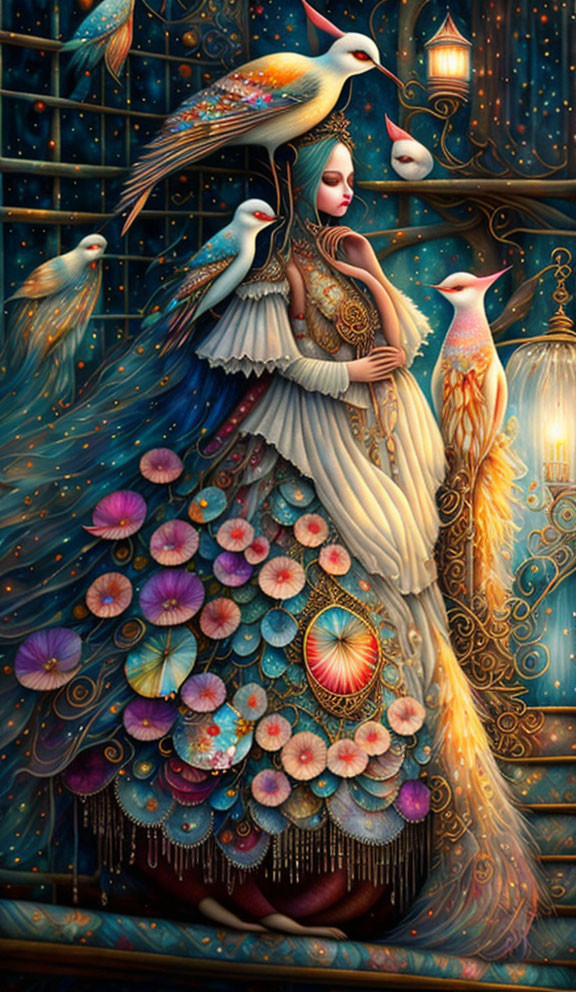 Colorful bird and flower gown against starry backdrop