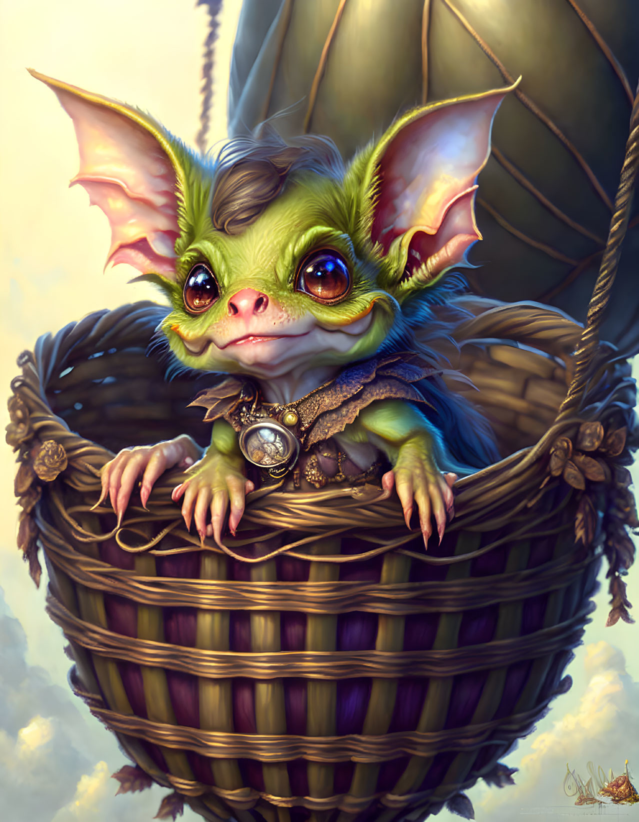 Green bat-like creature in hot air balloon with vest and amulet